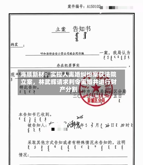 海顺新材：实控人离婚纠纷案获法院立案，林武辉请求判令离婚并进行财产分割-第2张图片