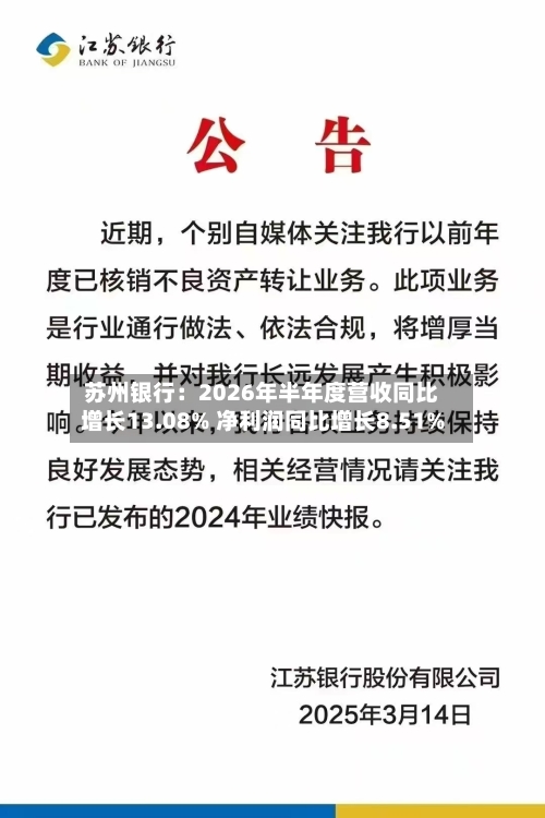 苏州银行：2026年半年度营收同比增长13.08% 净利润同比增长8.51%