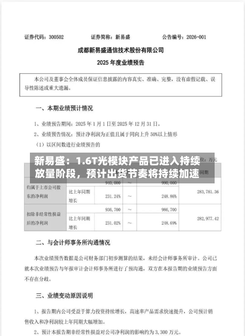 新易盛：1.6T光模块产品已进入持续放量阶段，预计出货节奏将持续加速