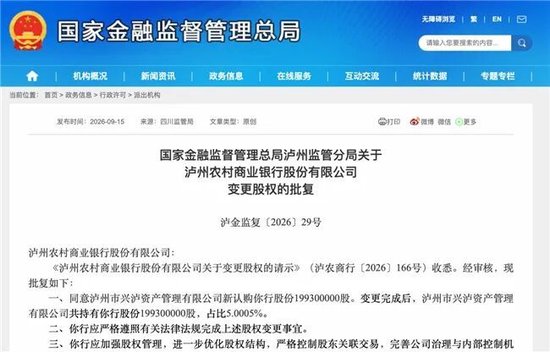 泸州农商银行获批增资至39.8亿元，泸州老窖集团、兴泸资产认购，持股均超5%